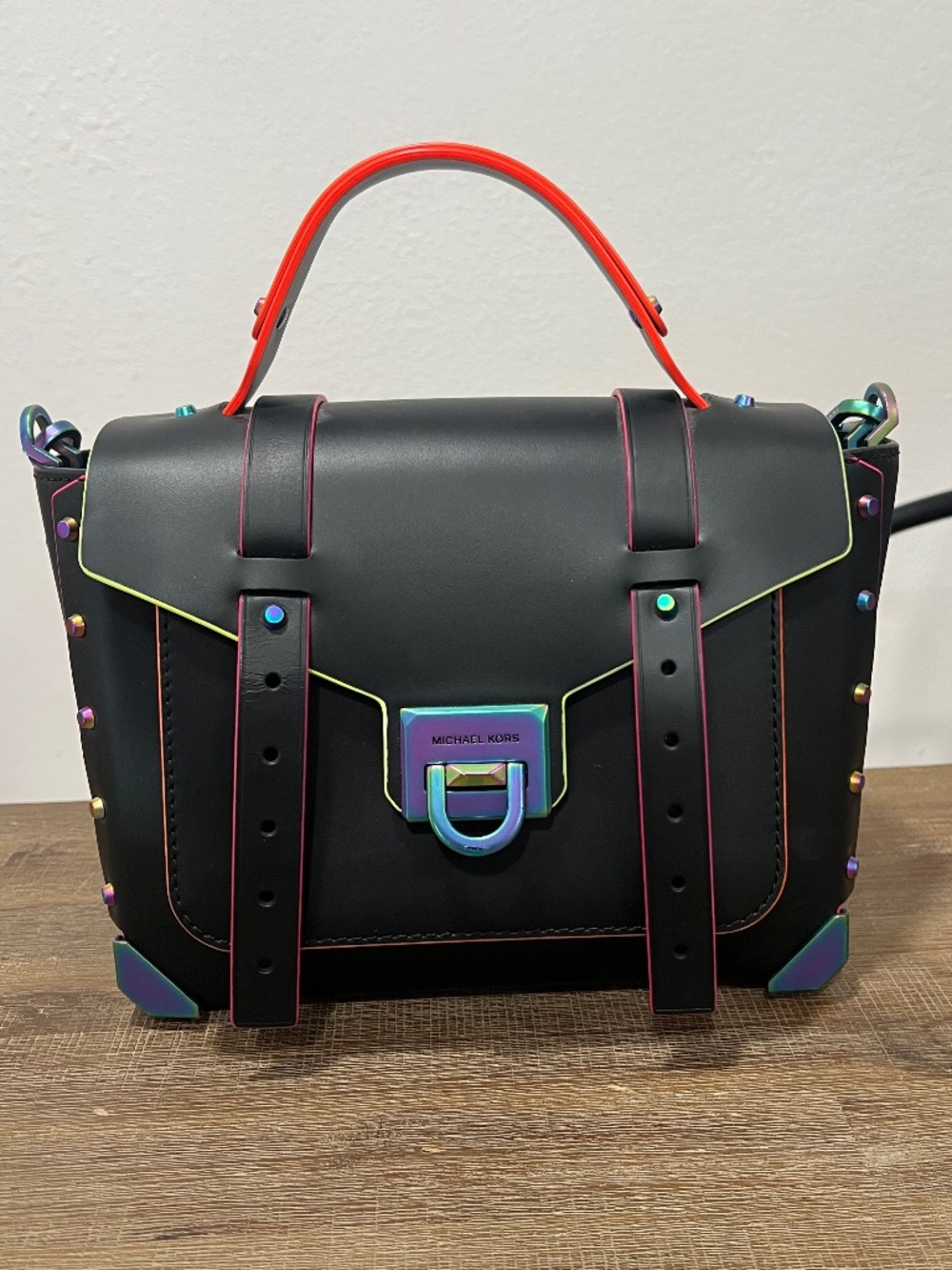 Michael Kors Manhattan Medium Leather Satchel Black Neon Rainbow Iridescent 35H1